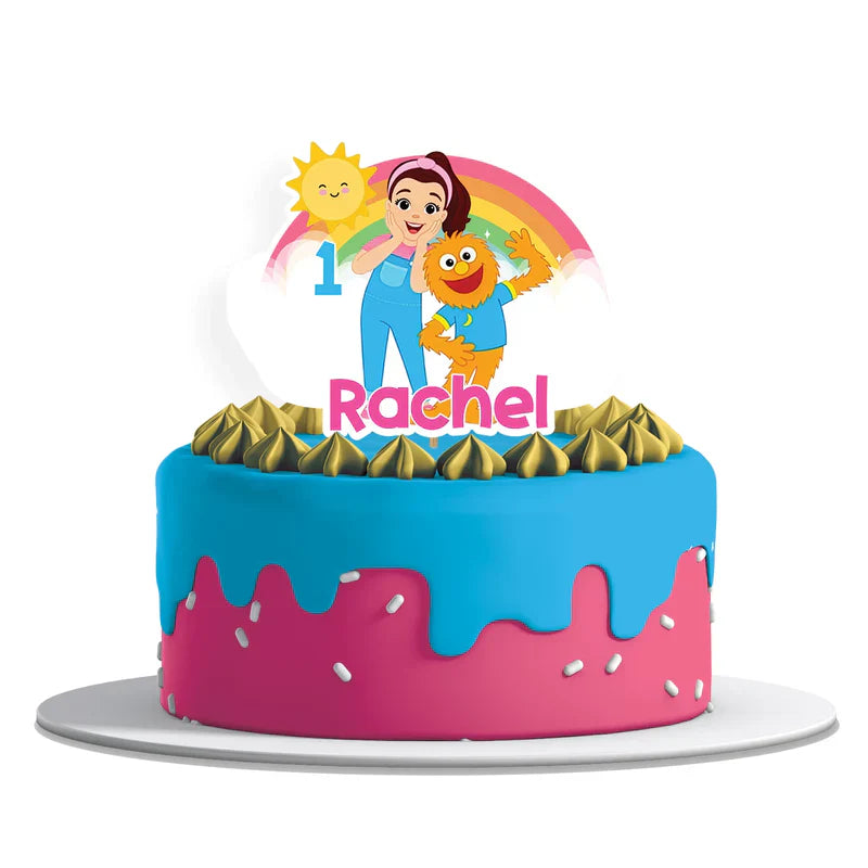 Ms Rachel toddler learning cake toppers with custom designs in colorful patterns flat lay on white background