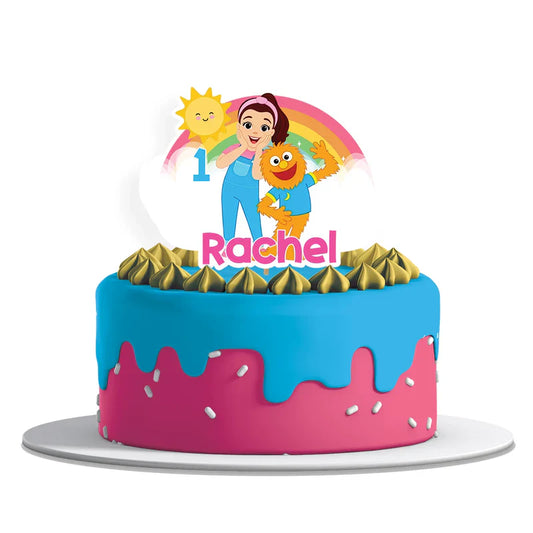 Ms Rachel toddler learning cake toppers with custom designs in colorful patterns flat lay on white background