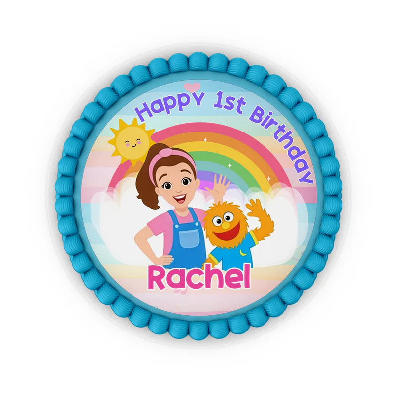 Ms Rachel toddler learning edible icing cake images with playful personalized graphics on white background