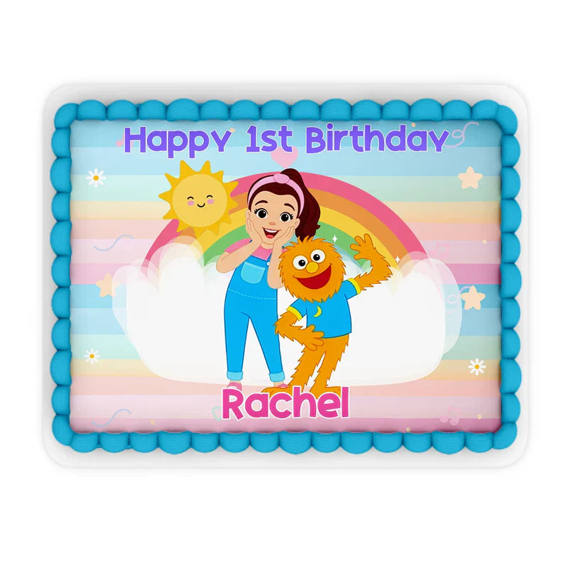 Ms Rachel toddler learning edible sheet cake images featuring vibrant personalized designs flat lay