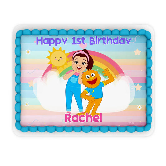 Ms Rachel toddler learning edible sheet cake images featuring vibrant personalized designs flat lay