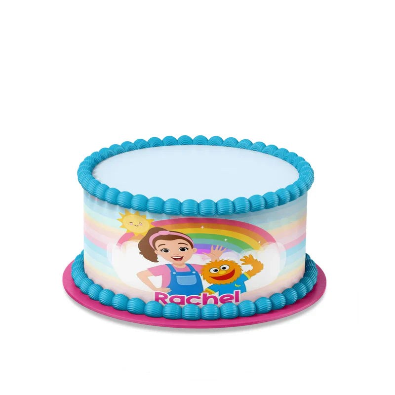 Ms Rachel toddler learning edible cake strips with bright personalized designs flat lay on white background