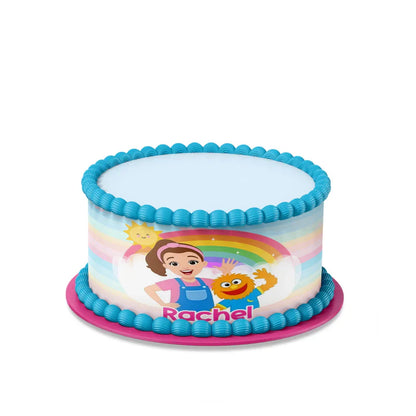 Ms Rachel toddler learning edible cake strips with bright personalized designs flat lay on white background