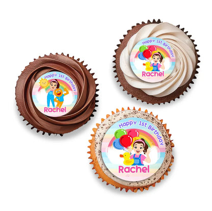 Ms Rachel toddler learning cupcake toppers with custom colorful graphics flat lay on white background