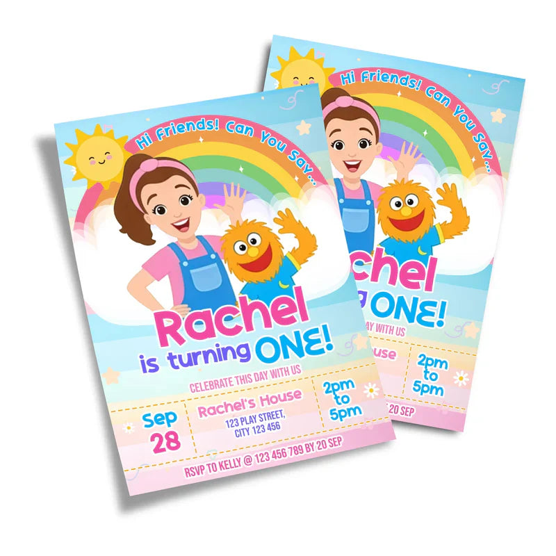 Ms Rachel toddler learning birthday card invitations with fun personalized theme flat lay on white background