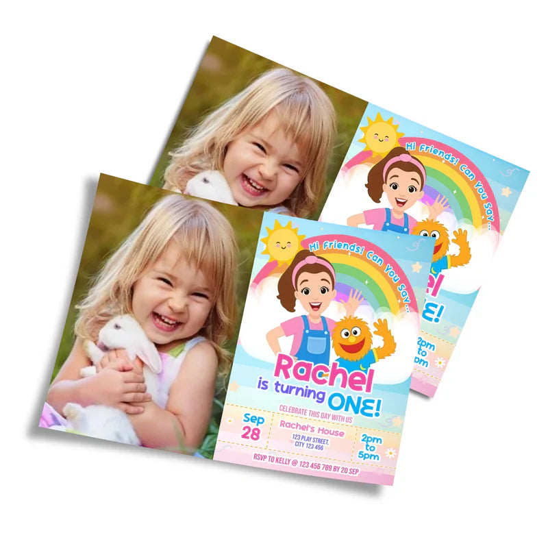 Ms Rachel toddler learning photo card invitations with custom design featuring child’s picture flat lay