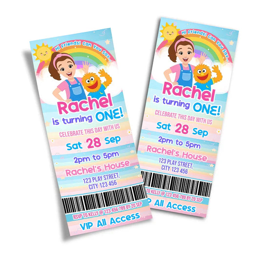 Ms Rachel toddler learning birthday ticket invitations with playful custom graphics flat lay on white background