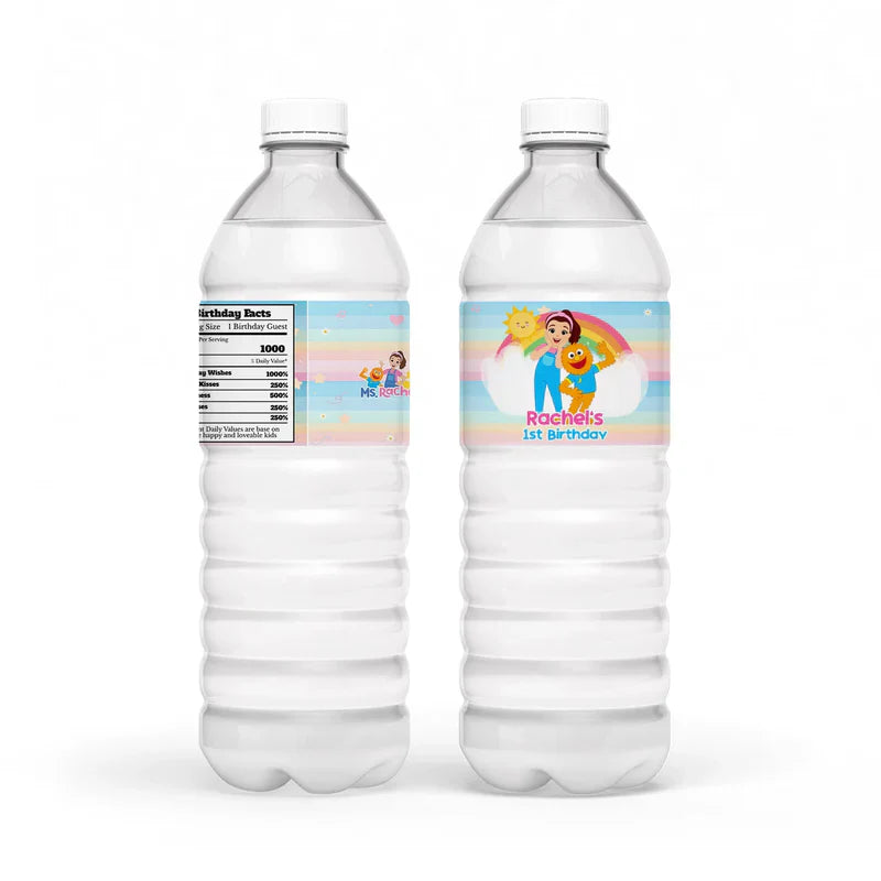Ms Rachel toddler learning water bottle label with personalized design wrapped on bottle flat lay