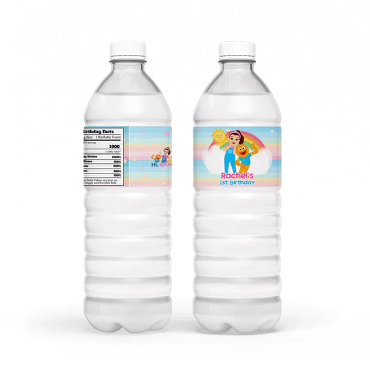 Ms Rachel toddler learning water bottle label with personalized design wrapped on bottle flat lay