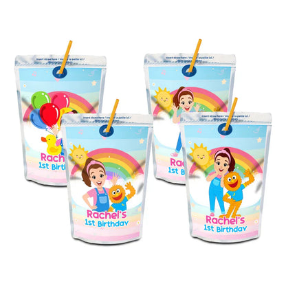 Ms Rachel toddler learning juice pouch label with custom theme in colorful graphics flat lay