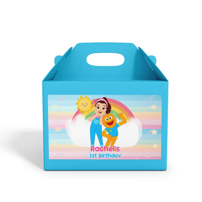 Ms Rachel toddler learning treat box label with bright custom designs flat lay on white background