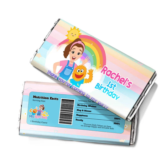 Ms Rachel toddler learning chocolate label with custom theme design flat lay on white background