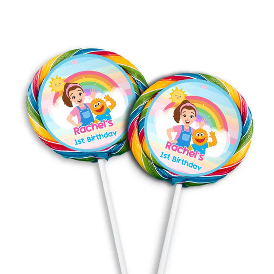 Ms Rachel toddler learning lollipop label with custom colorful designs flat lay on white background
