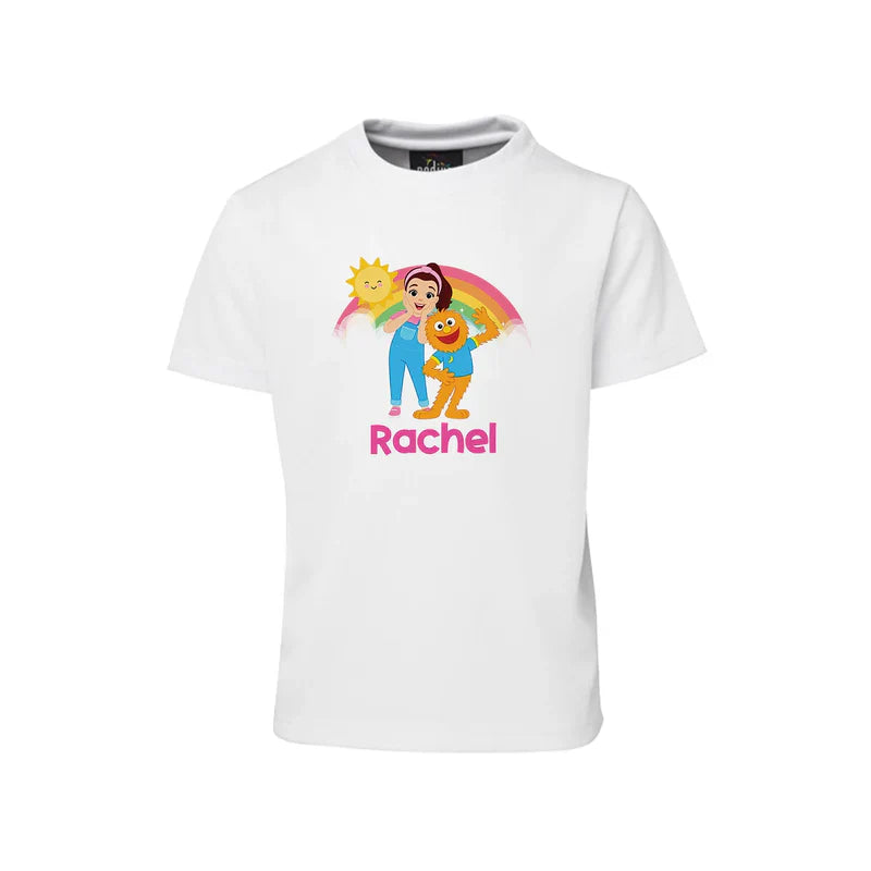 Ms Rachel toddler learning sublimation T-shirt with custom toddler theme design flat lay