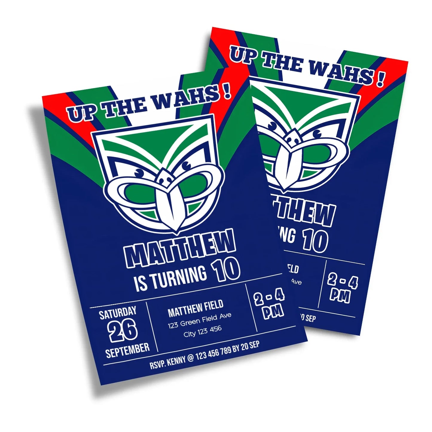 Birthday card invitations featuring personalized NZ Warriors theme