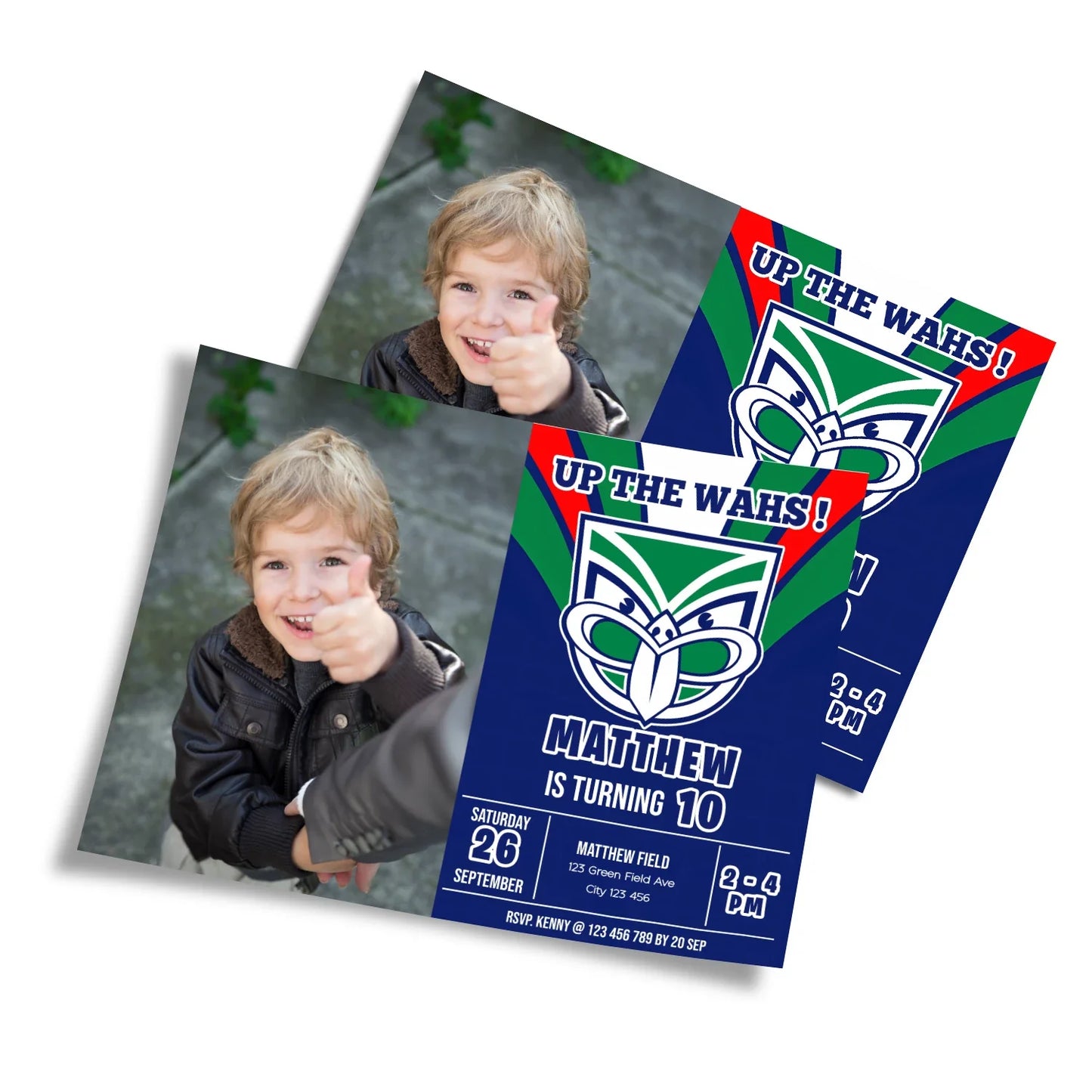 Photo card invitations with NZ Warriors personalization