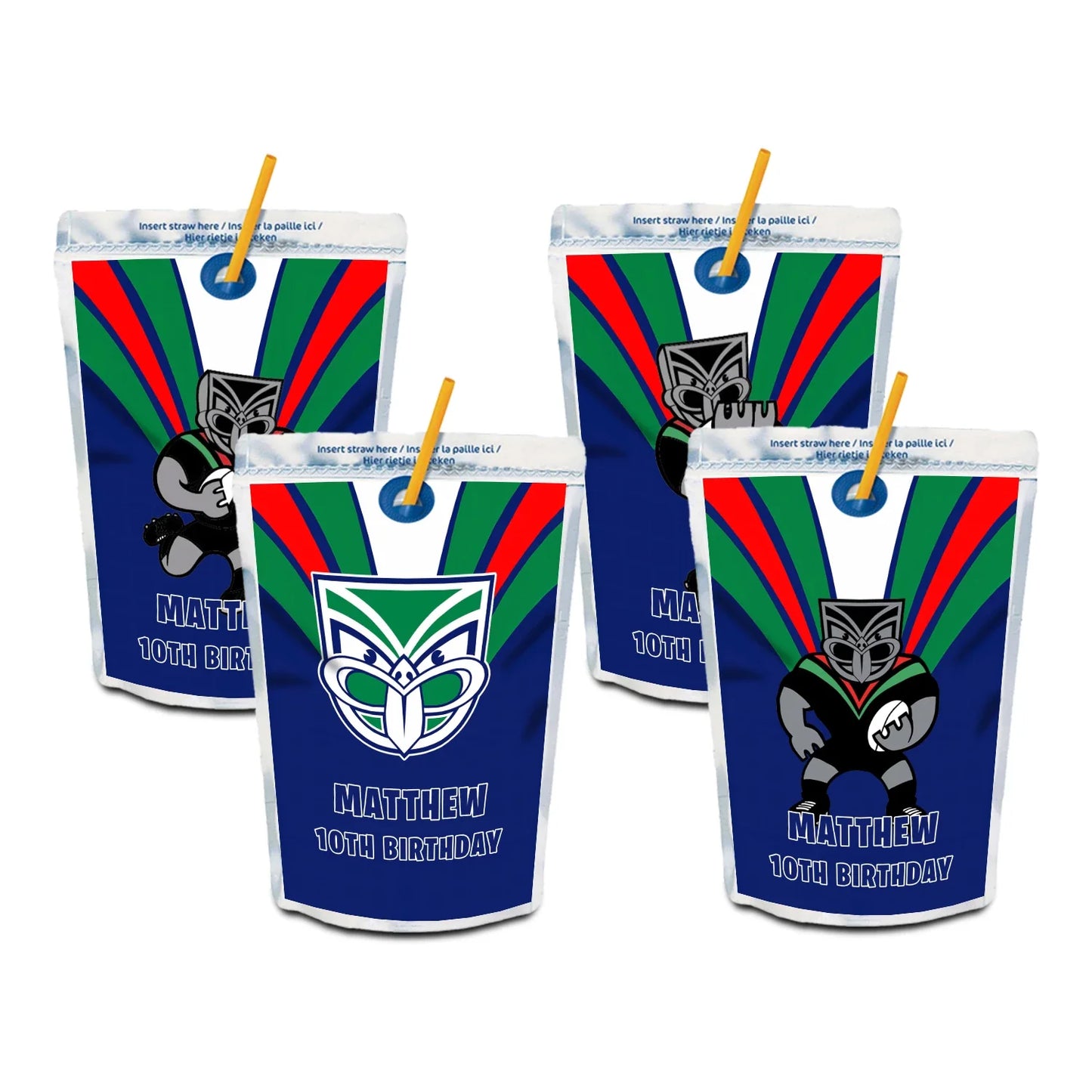 Juice pouch label featuring NZ Warriors design