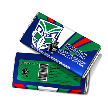 Chocolate label with NZ Warriors theme