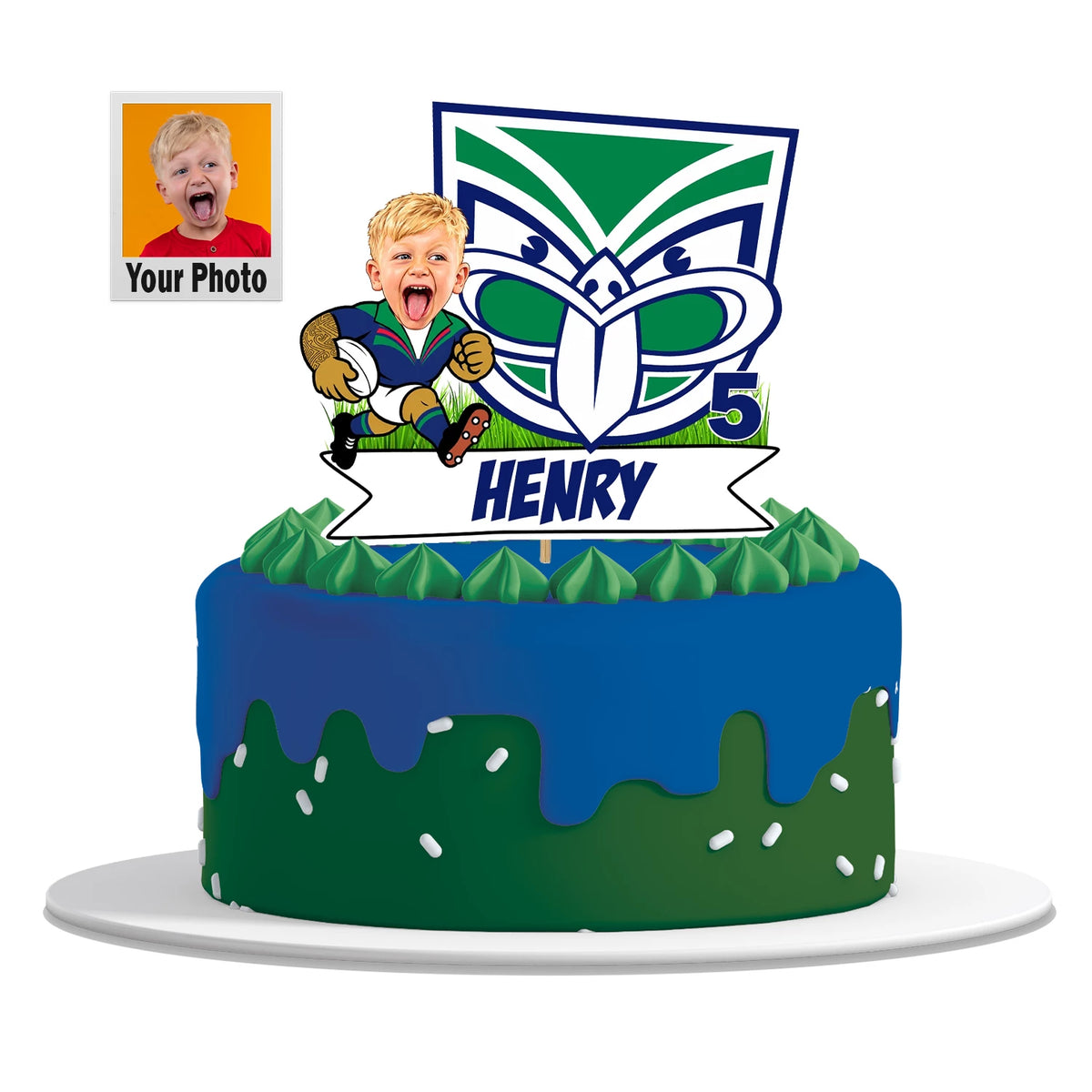 Custom NZ Warriors cake topper featuring personalized caricature face, name, and age printed on High quality cardstock