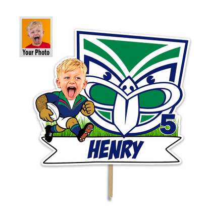 Personalized NZ Warriors birthday cake with custom face photo caricature cake topper showing age and name.