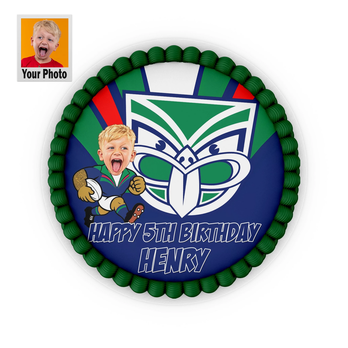 Custom NZ Warriors cake topper featuring personalized caricature face, name, and age printed on edible icing sheet.