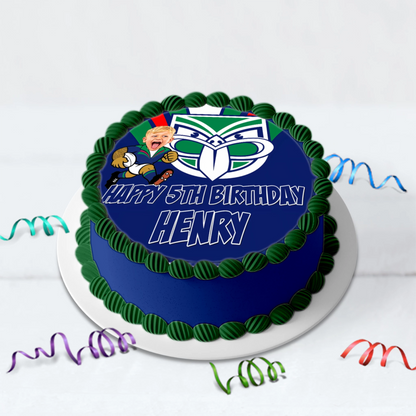 Personalized NZ Warriors birthday cake with custom face photo caricature icing topper showing age and name.