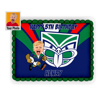 Custom NZ Warriors cake topper featuring personalized caricature face, name, and age printed on edible icing sheet.