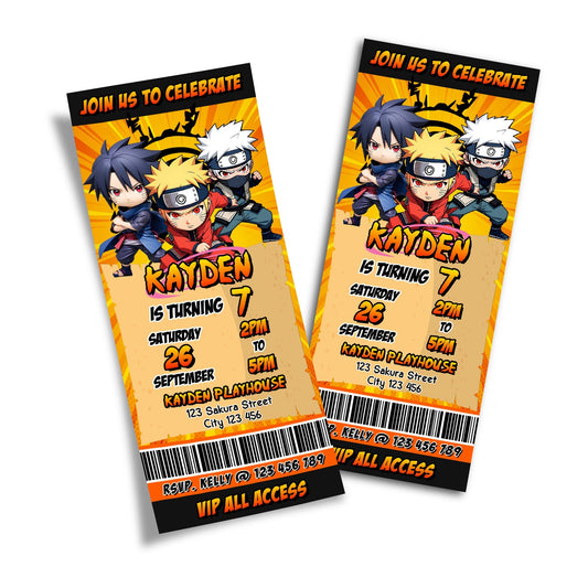 Naruto themed personalized birthday ticket invitations