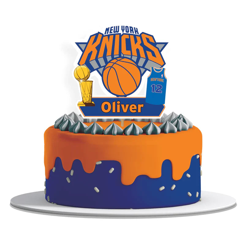 New York Knicks personalized cake toppers with team logo and custom name flat lay on dessert table