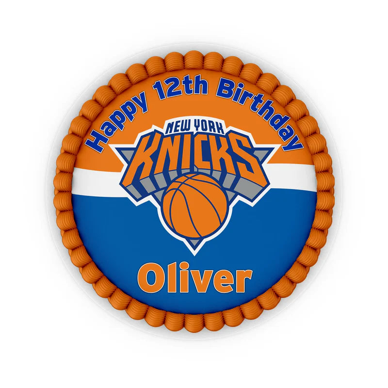 New York Knicks edible icing cake images with vibrant team colors and personalized text on white background