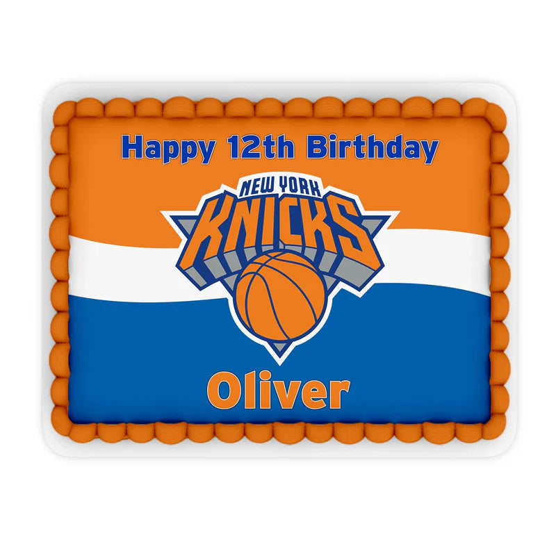 New York Knicks edible sheet cake image with bold Knicks design and custom name flat layout