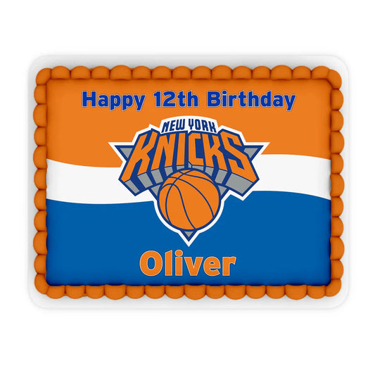 New York Knicks edible sheet cake image with bold Knicks design and custom name flat layout
