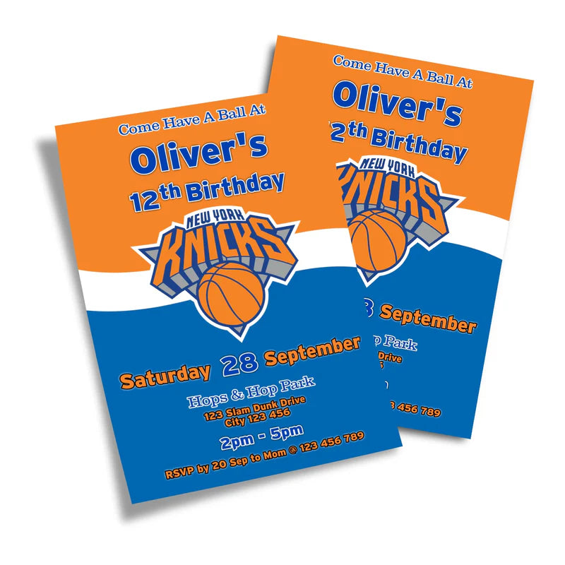 New York Knicks birthday invitations with basketball design and custom text flat lay on white background