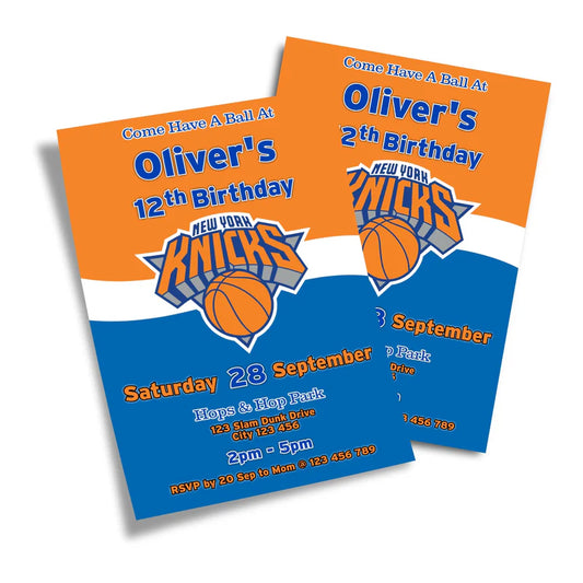 New York Knicks birthday invitations with basketball design and custom text flat lay on white background