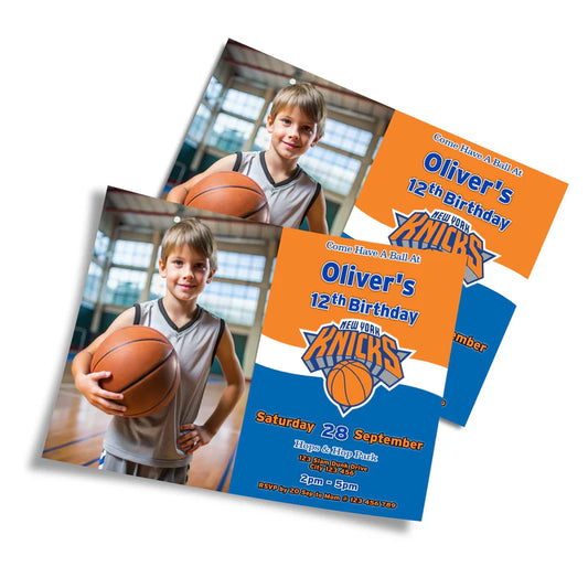 New York Knicks photo card invitations with player image and blue orange theme flat lay layout