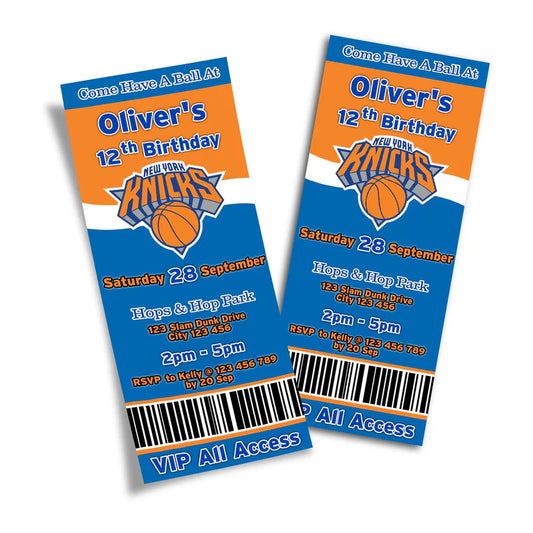New York Knicks birthday ticket invitations with team branding and editable event details