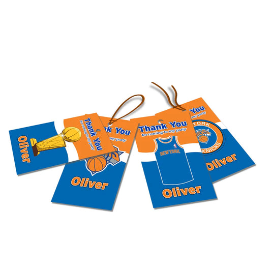 New York Knicks thank you tags with basketball theme and personalized message flat lay