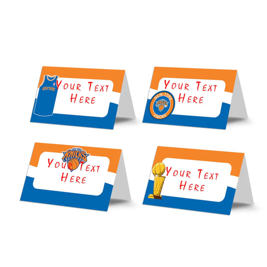 New York Knicks food cards with team colors and editable labels on white folded cardstock