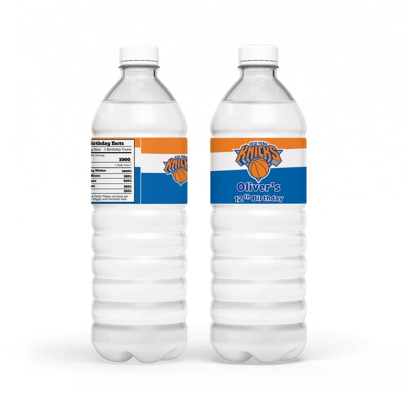 New York Knicks water bottle label with personalized wrap featuring orange and blue Knicks design