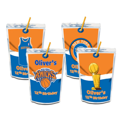 New York Knicks juice pouch label with basketball theme and custom name on silver pouch flat lay