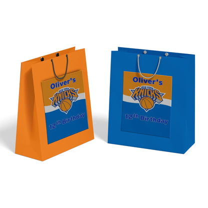 New York Knicks goodie bag label with basketball logo and custom text on white paper bag