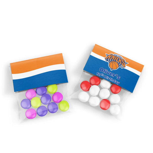 New York Knicks treat bag topper label with folded basketball design sealed on clear treat bag