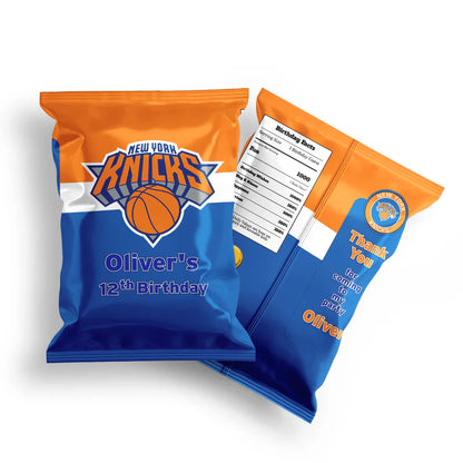 New York Knicks chips bag label with vibrant team colors and custom name on foil-style wrapper