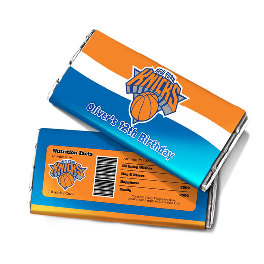 New York Knicks chocolate label with blue and orange personalized wrapper on flat candy bar