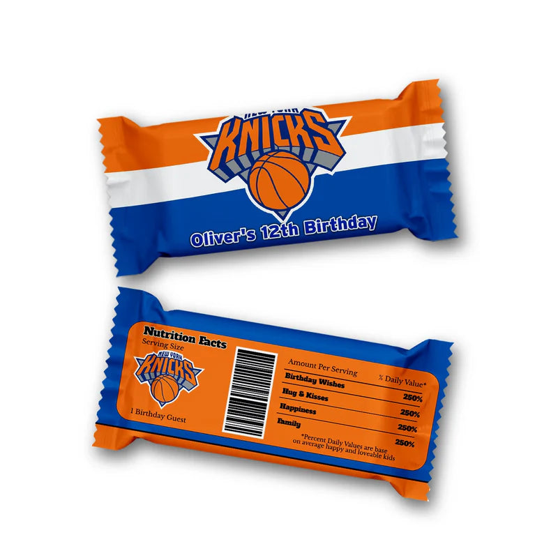New York Knicks Rice Krispies and candy bar labels with coordinated basketball theme wrap