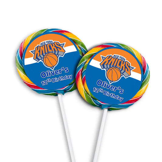 New York Knicks lollipop label with circular basketball design and team name on white stick