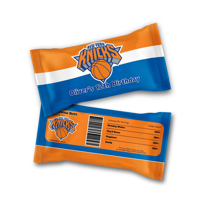New York Knicks Skittles label with team branding and personalized text on mini candy pouch