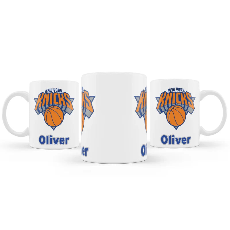 New York Knicks sublimation mug with custom team design and name on white ceramic surface
