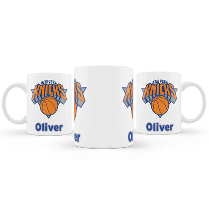 New York Knicks sublimation mug with custom team design and name on white ceramic surface