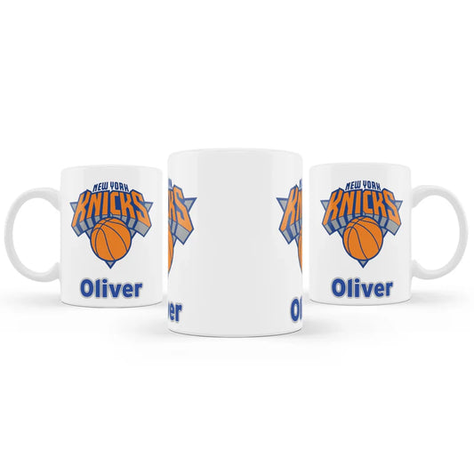 New York Knicks sublimation mug with custom team design and name on white ceramic surface